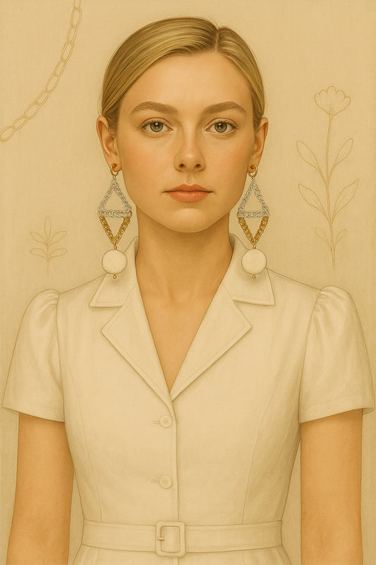 Ilustración para el pendiente Frisson de la vibe raffinée del MAPIUSKA Summer Tour
Una chica de pelo recogido y belleza serena. donde el único protagonista son los pendientes, unos pequeños aros de acero inoxidable de los que cuelgan dos triángulos  rígidos uno dorado, otro plateado formados con cadena, juntos forman un rombo. para rematar un circulo plano pero con volumen en piedra blanca de lava volcánica.
Lujo silencioso para deslumbrar en tu día a día o en esos eventos especiales