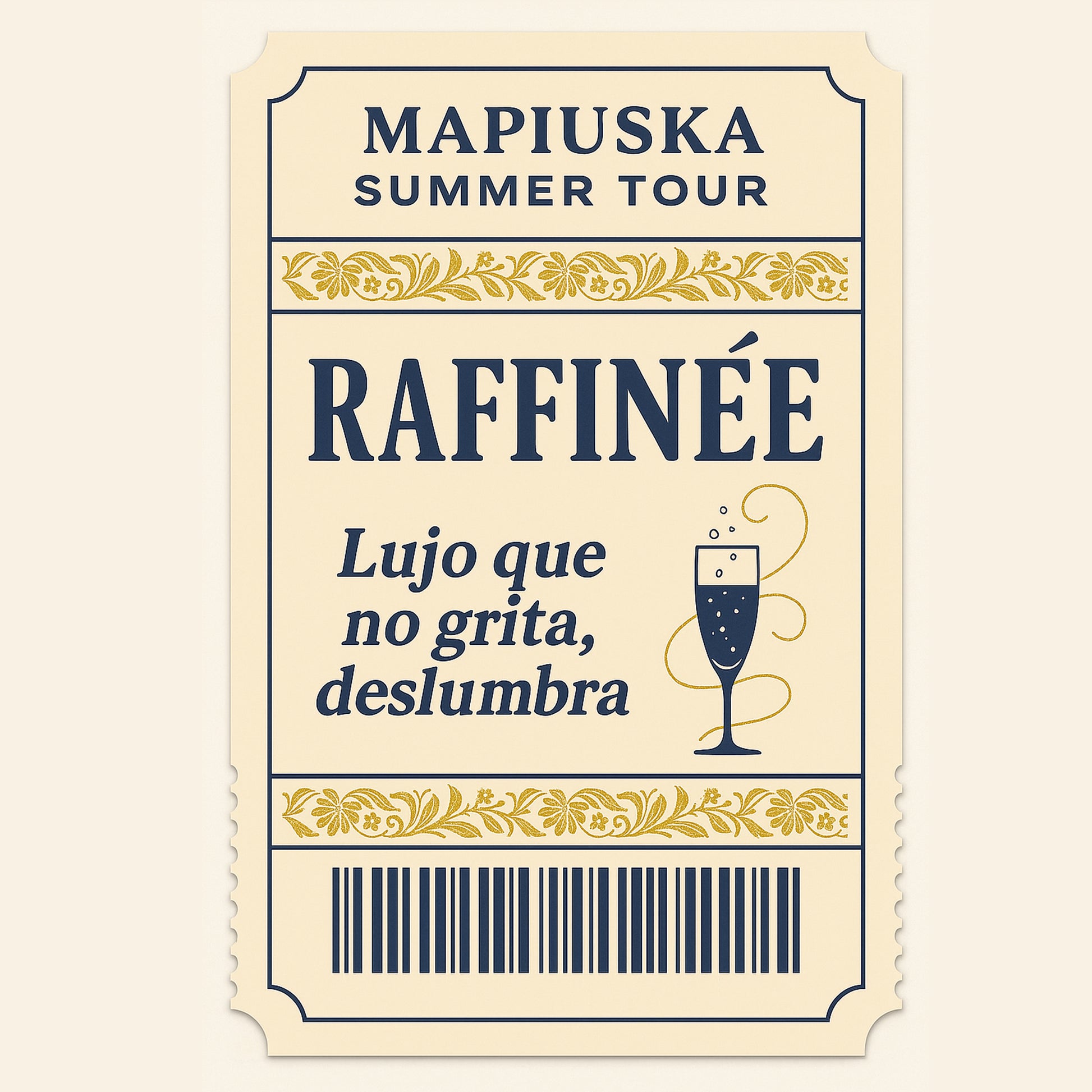 Entrada de la vibe RAFFINÉE del MAPIUSKA Summer Tour
bonitas cenefas doradas de hojas y flores acompañan a una copa de champagne con las burbujas volando y un claro mensaje Lujo que no grita, deslumbra.
Abajo un código de barras dando el toque de entrada física 