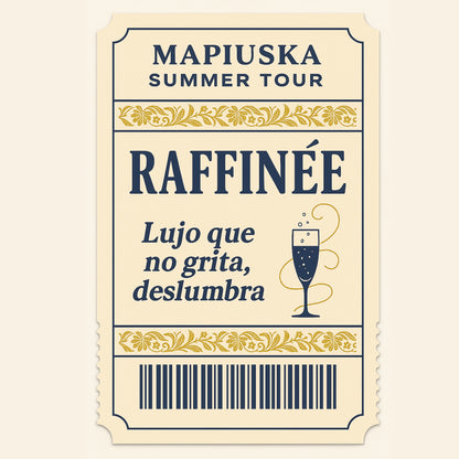 Entrada de la vibe RAFFINÉE del MAPIUSKA Summer Tour
bonitas cenefas doradas de hojas y flores acompañan a una copa de champagne con las burbujas volando y un claro mensaje Lujo que no grita, deslumbra.
Abajo un código de barras dando el toque de entrada física 