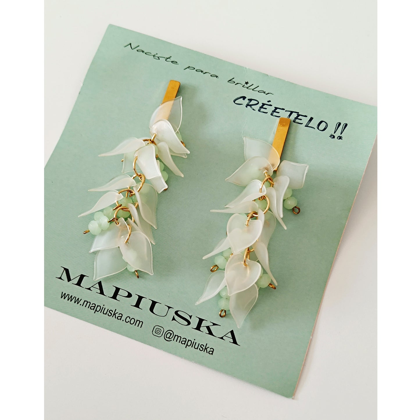 PENDIENTE FLORIFLASH XL BLANCO TRANSPARENTE Y VERDE MINT