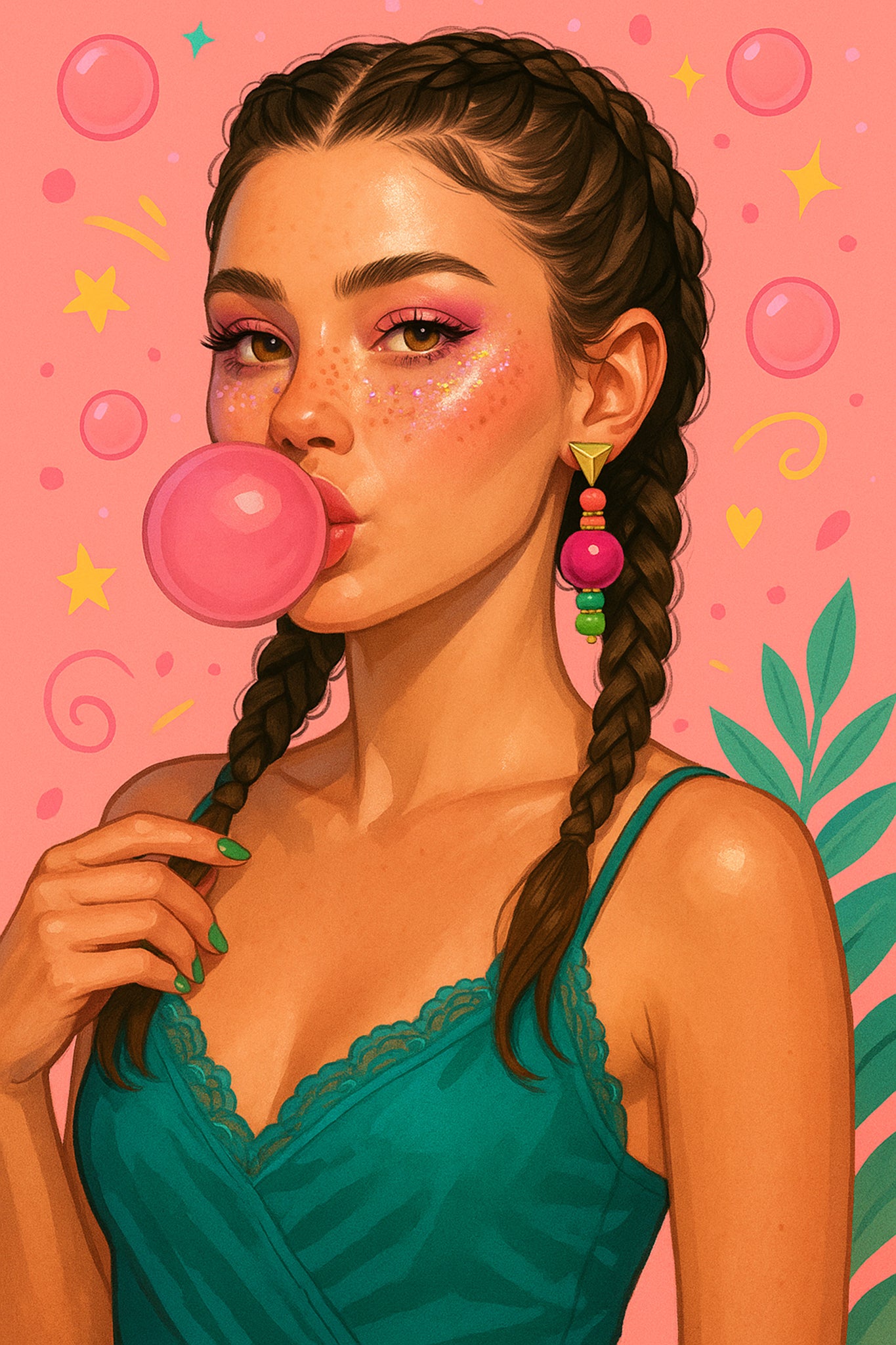 Ilistracion de una chica con look festivalero haciendo una pompa con chicle, trenzas de boxeadora, purpurina en la cara, uñas de color, vestido verde y como estrella de la imagen el pendiente de MAPIUSKA Chicle Boom formado por una base triangular dorada de acero inoxidable. Luego una bolita de ptiedra natural em color coral, piezas de laton y resina hasta llegar a la parte importante del pendiente. una bola de 20mm en color rosa imitando a los famosos chicles de bola .Para terminar laton, resina y cristal